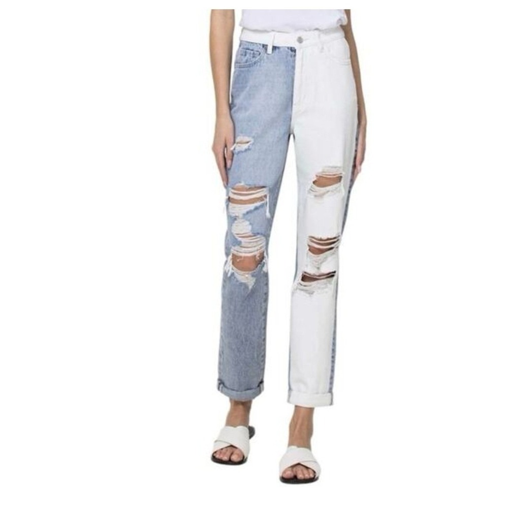Vervet Two Tone Split Distressed Jeans Blue White Colorblock Mom Jeans Size 29